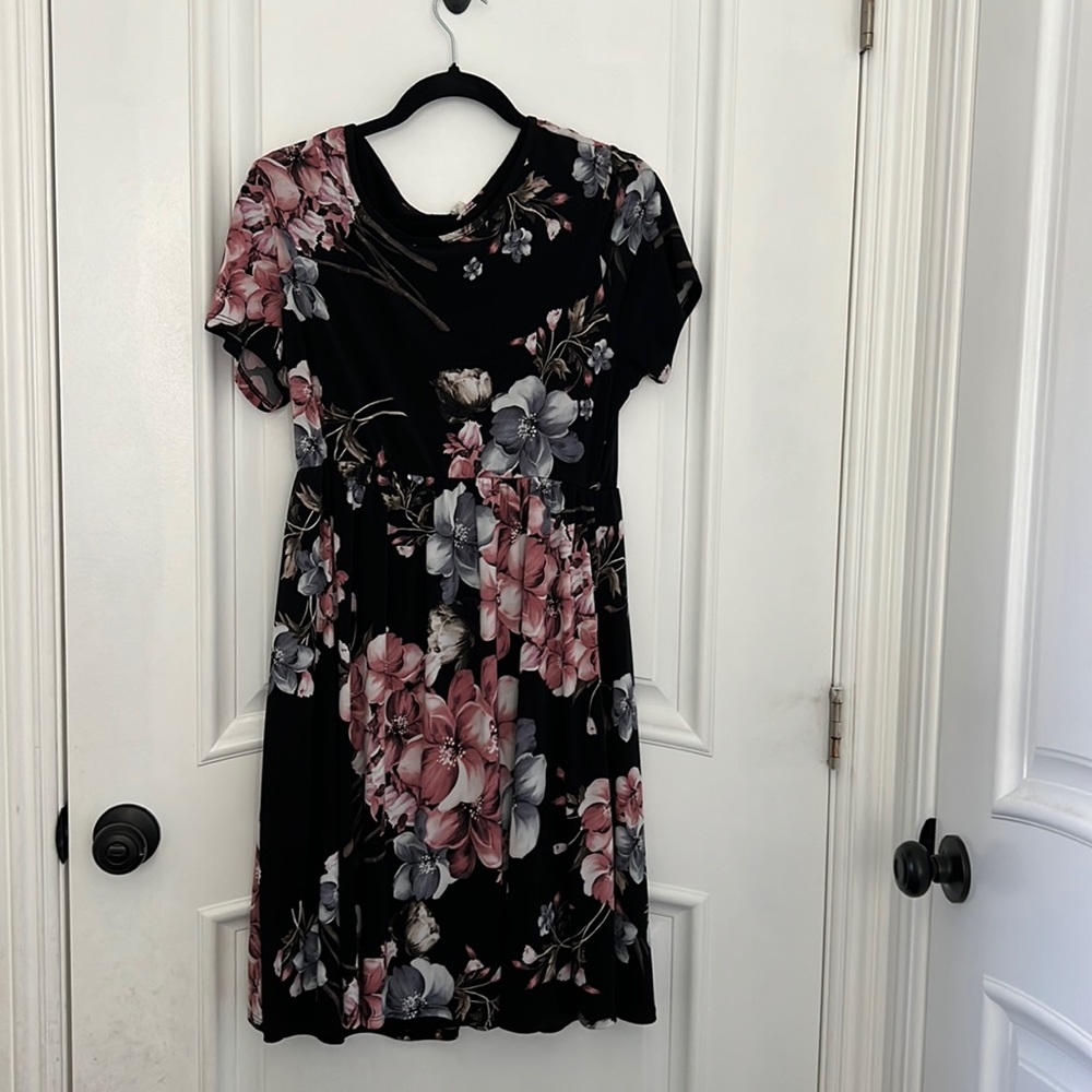 Pink blush black floral dress medium